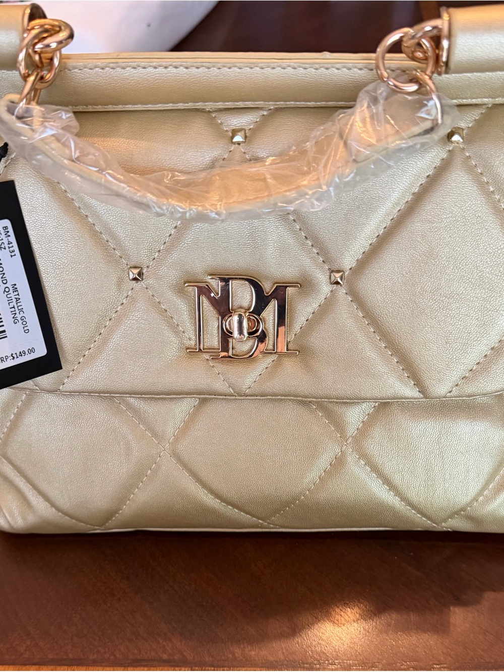 Badgley Mischka Metallic Gold Quilted Satchel with Logo Hardware